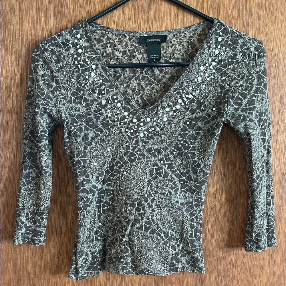 Express Brown Lace Blouse with Embellishments